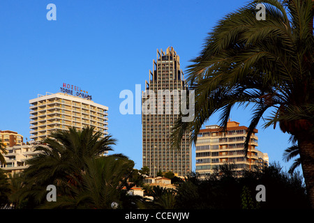 Gli alberghi e le palme in Benidorm Foto Stock