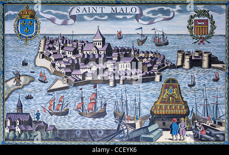 Saint Malo, Bretagna, Francia. Incisione e pianta del Porto come apparve durante il c 12b. Vintage o Old Map, incisione o Illustrazione Foto Stock