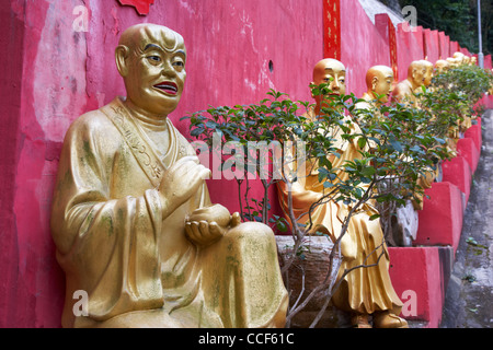 Varie statue di Buddha linea il ripido sentiero fino al monastero di diecimila buddha sha tin nuovi territori di Hong kong Foto Stock