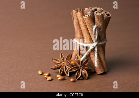 La stecca di cannella e anice stelle su sfondo marrone Foto Stock