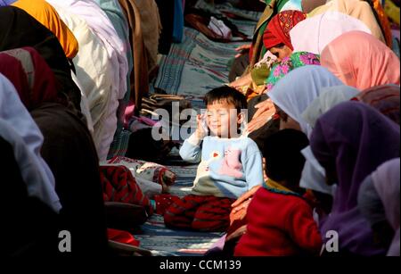 Nov 13, 2010 - Kashmir Srinagar, India - un musulmano del Kashmir ragazzo giocare con mobile come donne offrono la preghiera al di fuori del santuario di Shah Hamadan, sulla sua morte anniversario a Srinagar, la capitale estiva del Kashmir indiano. Migliaia del Kashmir musulmano sufi devoti hanno affollato il santuario di San Hamdani, che Foto Stock