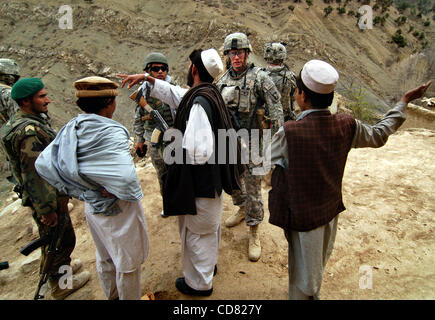 Apr 07, 2008 - Provincia di Paktya, Afghanistan - il tenente Kevin Bell, Charlie Company, 1-61 Cavalleria, quarta brigata Team di combattimento, 101st Airborne Division, ascolta gli abitanti di un villaggio di descrivere la zona durante il tenente il plotone di pattuglia in Afghanistan orientale. (Credito Immagine: © Paolo Avallone/ZUMA Press) Foto Stock