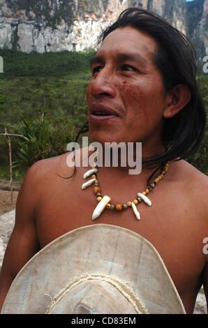 Apr 21, 2008 - Canaima, Venezuela - Venezuela nativo. Roraima, con un'altra combinazione mondani di pietra e acqua sul suo vertice, è comunemente ritenuto essere il "Mondo Perduto" di Arthur Conan Doyle del romanzo dello stesso nome. In Pemon indigeni comunità indiana, la parola Roraima significa 'grande, Foto Stock