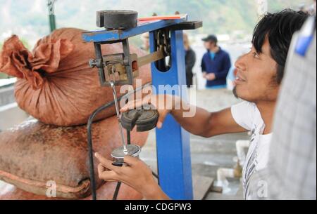 Jan 19, 2011 - San Lucas Tolimon, Guatemala - Lavoratore pesare sacchi di chicchi di caffè al San Lucas missioni caffè zona di lavorazione. La missione aiuta le aziende di caffè nella zona e la propria azienda di ottenere prezzi equi per il caffè prodotto nelle valli di montagna intorno al Lago de Atitlan. (Credito Immagine: © Foto Stock