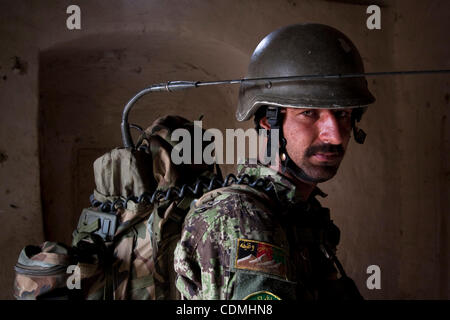 Apr 09, 2011 - Panjwayi, Kandahar, Afghanistan - Un esercito nazionale afghano soldier guarda la telecamera durante la ricerca di un composto durante un'operazione di compensazione con degli Stati Uniti e del Canada e le forze di ISAF nei pressi del villaggio di Nakhonay nel distretto di Panjwayi della provincia di Kandahar, Afghanistan, sabato. Il battal Foto Stock