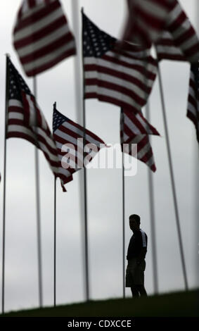 Un uomo si erge tra tre migliaia di bandierine americane a un monumento in onore delle vittime della sett. 11, 2001 attacchi terroristici, set da volontari sul prato del campus della Università di Pepperdine in Malibu, California il Sabato, Settembre 11, 2011. (Foto di Ringo Chiu / Zuma Press) Foto Stock