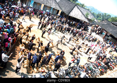 Le popolazioni indigene tribù Sundanese sfilando con appena raccolto durante la settimana di tradizionale raccolto annuale cerimonia localmente noto come 'Seren Taun' nel villaggio di Cisungsang, provincia di Banten, Indonesia.11 settembre 2011. Il vecchio di secoli festival agraria è radicata in Sundanese l'antica influenza Foto Stock