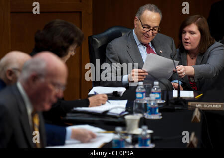 Nov. 10, 2011 - Washington, Distretto di Columbia, Stati Uniti - Il senatore CHUCK SCHUMER (D-NY) guarda oltre le note come membri del Senato Comitato Giudiziario discutere la ''Rispetto per atto di matrimonio,'' LEGISLAZIONE che dovrebbe abrogare la difesa dell atto di matrimonio (DOMA). DOMA è il Clinton-era legge che definito ma Foto Stock