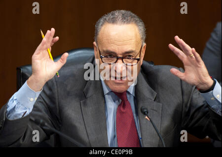 Nov. 10, 2011 - Washington, Distretto di Columbia, Stati Uniti - Il senatore CHUCK SCHUMER (D-NY) fa una dichiarazione ai membri del Senato Comitato Giudiziario come essi discutono il ''Rispetto per atto di matrimonio,'' LEGISLAZIONE che dovrebbe abrogare la difesa dell atto di matrimonio (DOMA). DOMA è il Clinton-era legge che d Foto Stock