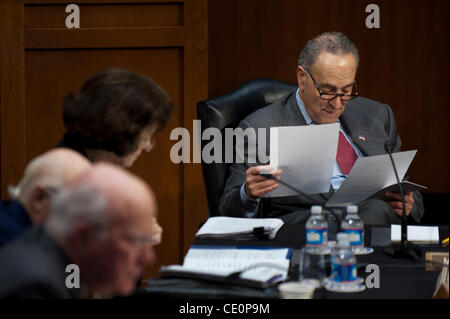 Nov. 10, 2011 - Washington, Distretto di Columbia, Stati Uniti - Il senatore CHUCK SCHUMER (D-NY) guarda oltre le note come membri del Senato Comitato Giudiziario discutere la ''Rispetto per atto di matrimonio,'' LEGISLAZIONE che dovrebbe abrogare la difesa dell atto di matrimonio (DOMA). DOMA è il Clinton-era legge che definito ma Foto Stock