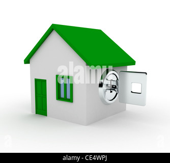 Chiave di metallo e la casa in bianco. Immagine 3D rappresentata Foto Stock