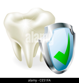 Un dente con uno scudo e segno di spunta di colore verde e la relativa icona. Foto Stock