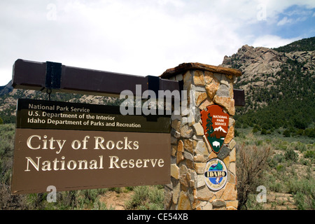 Segno segna la città di roccia della riserva nazionale e del parco statale nella contea di cassia, Idaho, Stati Uniti d'America. Foto Stock