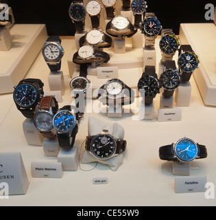 Un display di orologi di lusso è visto nella vetrina di un negozio gioielli in New York Foto Stock