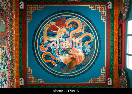 India, Arunachal Pradesh, Tawang, Khinmey Monastero Nyingma, colorfully dipinto circolare mitologico decorazione del soffitto Foto Stock