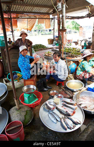 Vietnamita locale le donne a vendere il pesce e le verdure in un mercato Foto Stock