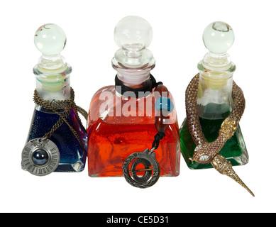 Vetro colorato potion bottiglie con fascino mistico - percorso incluso Foto Stock