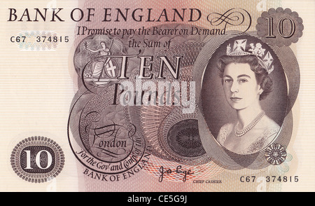 Banconota inglese pre-decimale da 10 libbre, con disegni intricati, figure storiche e il vecchio stile della moneta britannica. Foto Stock