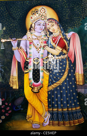 Radha Krishna giocare flauto pittura in miniatura su carta India Asia Foto Stock