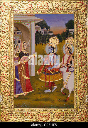 Radha Krishna con pittura in miniatura su carta a mucca con montatura bordo in rilievo dorato Foto Stock