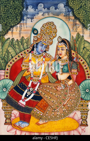 Radha Krishna seduto sul trono la pittura in miniatura su avorio Foto Stock