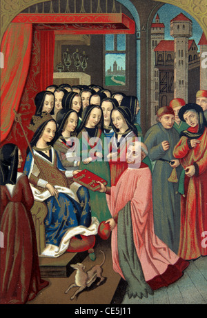 Corte reale delle Signore francesi di Maria di Angiò (1404-1463) Regina consorte di Carlo VII di Francia & Chaulain Robert Blondel (1380-1460) nel 1455. Illustrazione d'epoca o pittura in miniatura Foto Stock