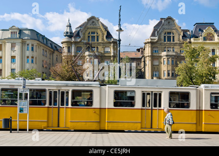 I tram su Vamhaz korut davanti Fovam ter, Pest, Budapest, Ungheria. Foto Stock