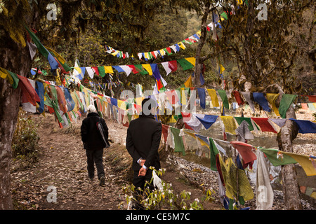 India, Arunachal Pradesh, Tawang, Thongmen Gompa, visitatore e la guida tra colorate bandiere di preghiera Foto Stock