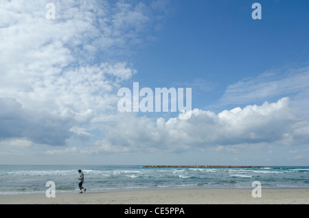 L'uomo jogging sulla spiaggia spiaggia di Gerusalemme. Tel Aviv. Israele Foto Stock