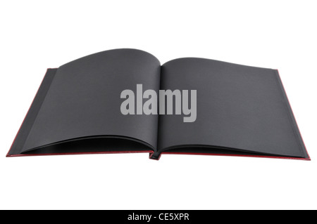 Libro aperto con pagine in bianco e nero, isolato su bianco Foto Stock