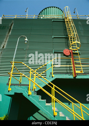 Uscita fuoco ; scala di metallo verniciato giallo su parete verde ; India ; asia Foto Stock