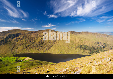 Vista su Glenbeg Lough dalla montagna Tooreennamna, vicino Ardgroom, Beara, County Cork, Irlanda Foto Stock
