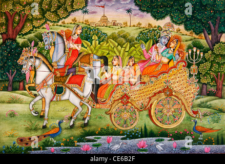 Krishna con Radha equitazione carro dipinto in miniatura su carta Foto Stock