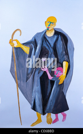 La pittura ad acquerello santo uomo in accappatoio con bastone e il bambino con fiore Foto Stock