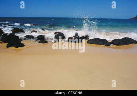 Spiaggia dorata sabbia cielo blu verde acqua di mare bianco di schiuma di surf rocce nere ; deogadh ; maharashtra ; india Foto Stock