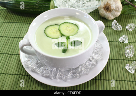 Iced zuppa di cetriolo con aglio, yogurt e menta fresca Foto Stock