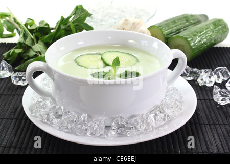 Iced zuppa di cetriolo con aglio, yogurt e menta fresca Foto Stock