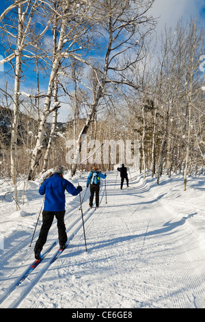 I fondisti su un sentiero vicino a Sun Mountain Lodge in Methow Valley dello Stato di Washington. Foto Stock