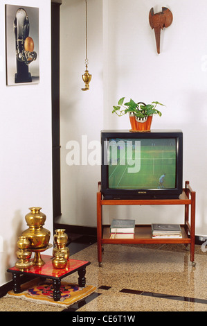 HMA 85897 : televisione su carrello in disegno salotto dipinto elephant a parete impianto pot lotas ottone pata india Foto Stock