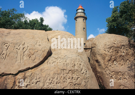 NMK 85914 : incompiuta bassorilievi e light house 1900s mamallapuram tamilnadu india Foto Stock