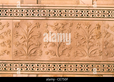 Fiori scolpiti sulla parete di Taj Mahal Agra Utttar Pradesh india asia Foto Stock