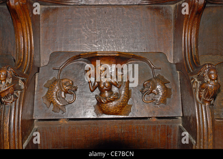 Misericord scolpito nel coro di la chiesa di San Lorenzo, Ludlow Shropshire Foto Stock