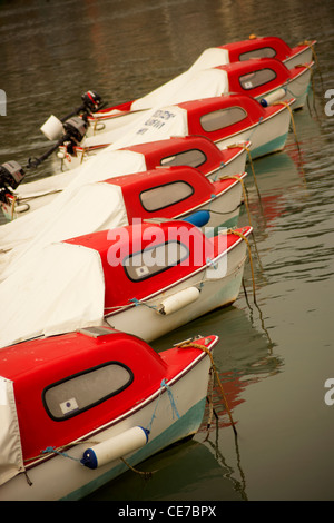 Una fila di rosso e bianco in dingys Lyme Regis porto sul Dorset Jurassic Coast Foto Stock