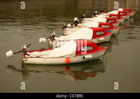 Una fila di rosso e bianco in dingys Lyme Regis porto sul Dorset Jurassic Coast Foto Stock