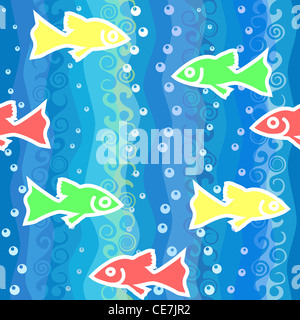 Seamless sfondo rosso, giallo, verde, blu brillante i pesci nuotano in acqua di mare Foto Stock