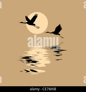 Sagome vettoriali battenti gru su sfondo sun Foto Stock