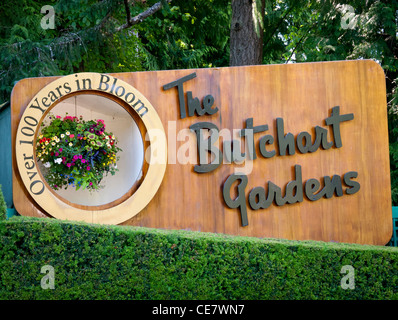 Segno di ingresso ai Giardini Butchart Victoria Vancouver Island British Columbia in Canada Foto Stock