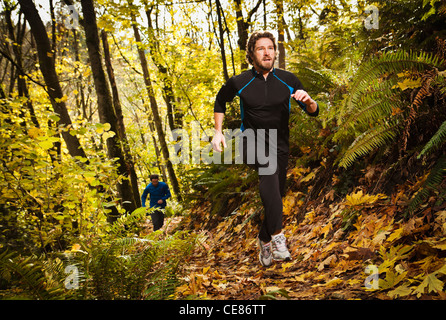Due uomini trail running attraverso una foresta di colori autunnali. Foto Stock
