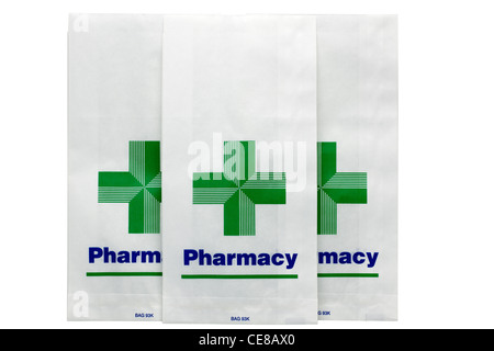 Tre di carta vuoto sacchetti farmacia Foto Stock
