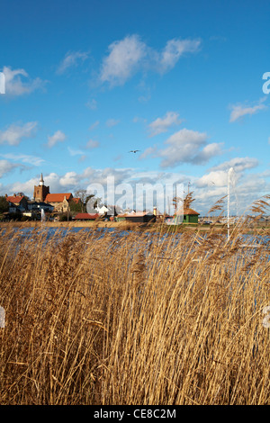 Gran Bretagna Inghilterra Maldon Essex Promenade Park lago ornamentale con fontane Canneti Inverno 2012 Foto Stock